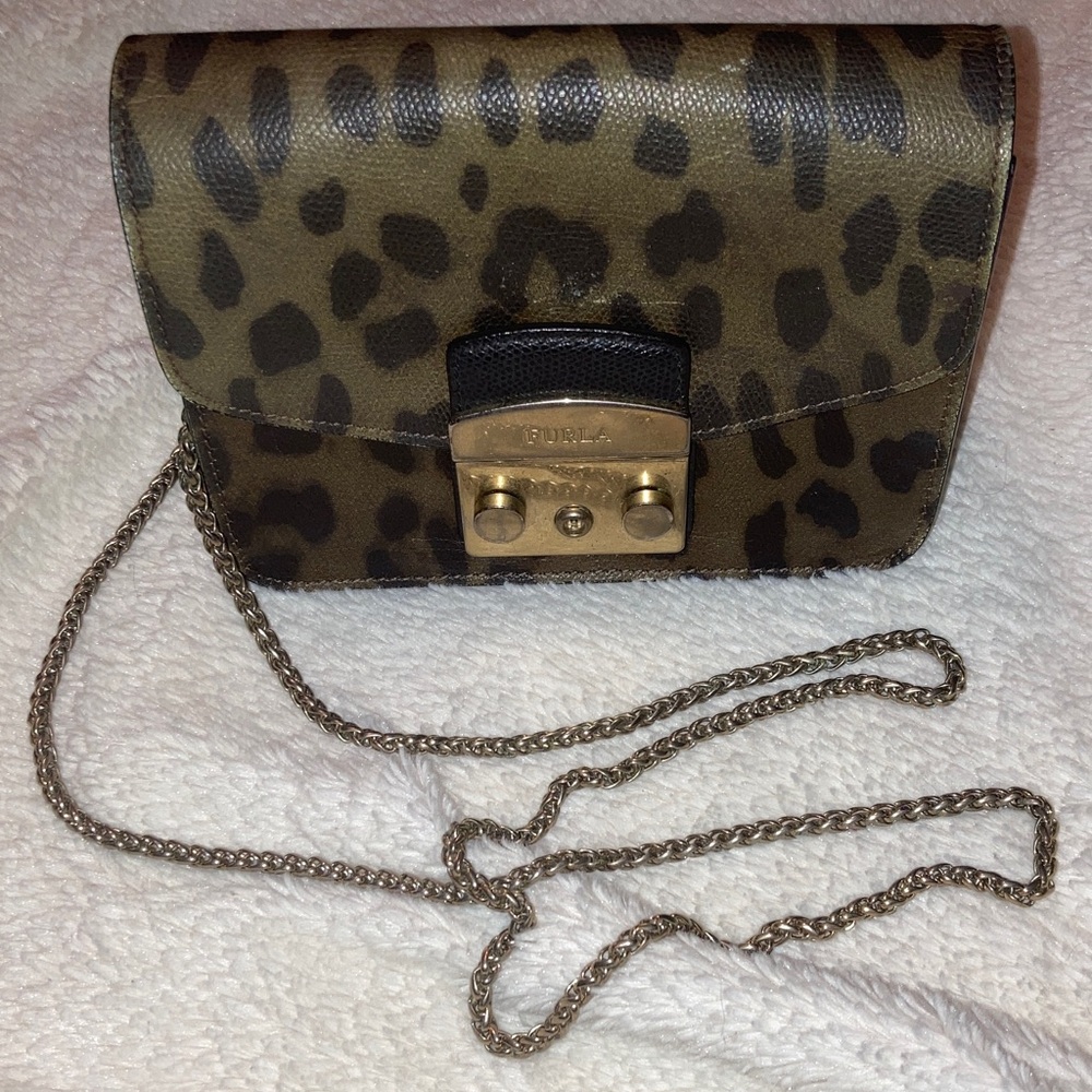 Furla Animal Print Crossbody Bag with Gold Chain Army Green